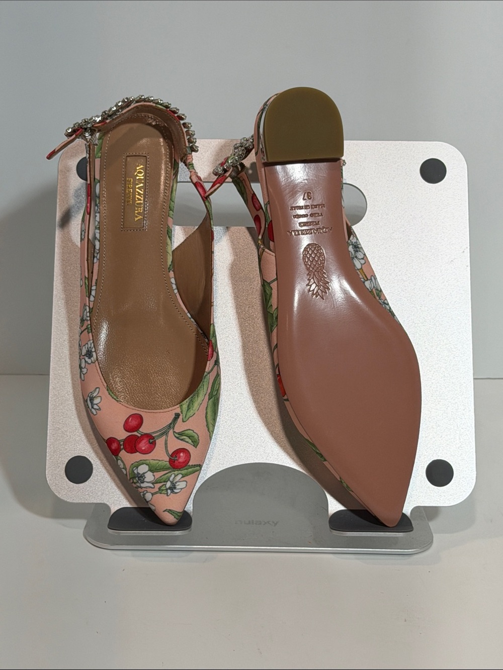 Aquazzura Vero Cuoio Cherry Print Crystal Slingback Ballerina Flats - Picture 2 of 6